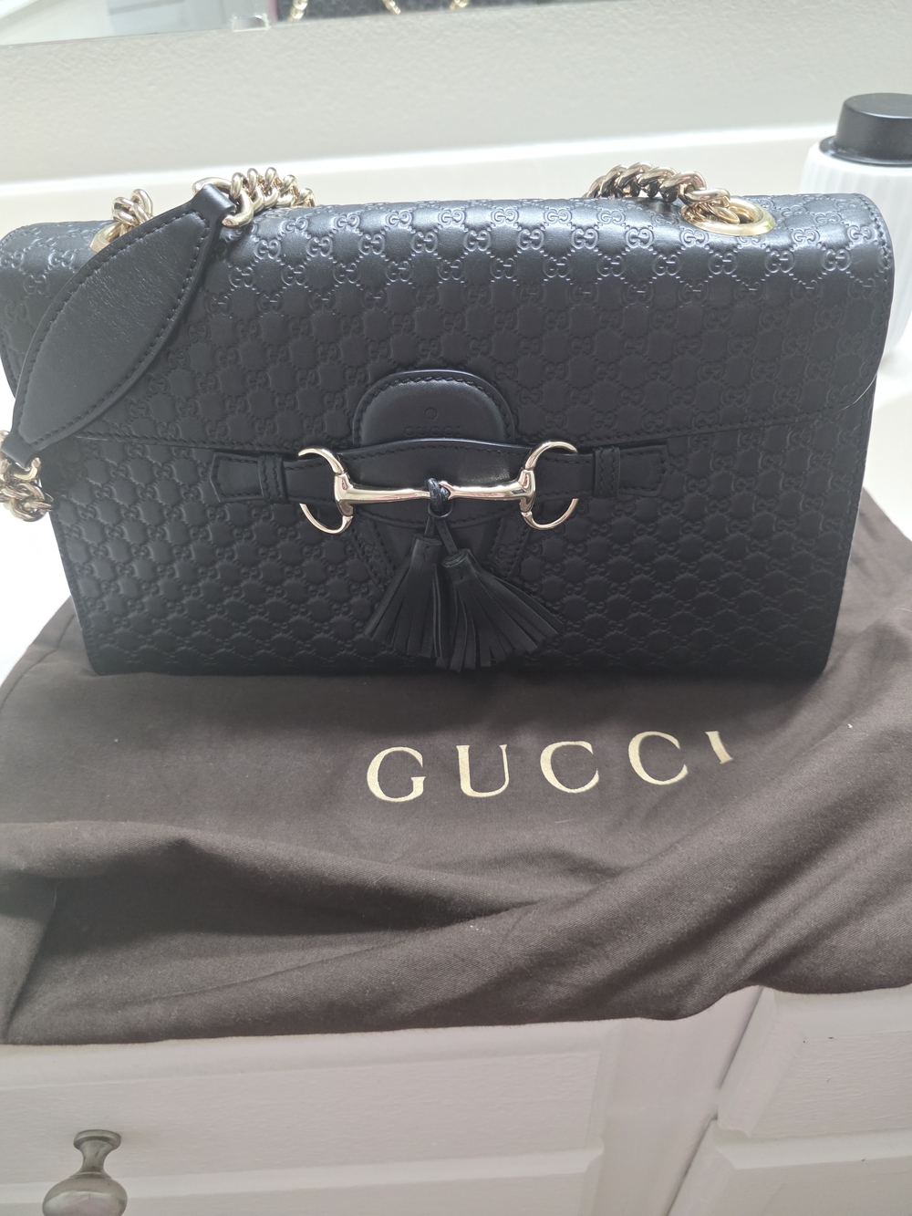 Gucci Black Leather Micro GG Emily Horsebit Tassel Shoulder Bag